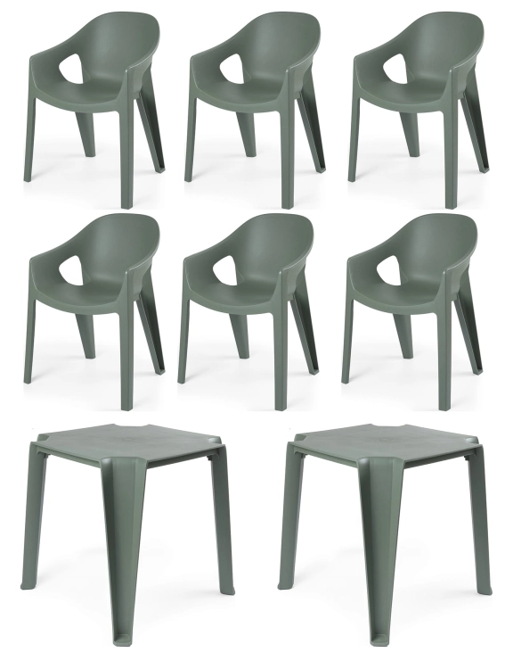 efloor Zestaw 6-osobowy Mebli Ogrodowych Taras Balkon 2 Stoły Lottie + 6 Krzeseł Premo Zielony