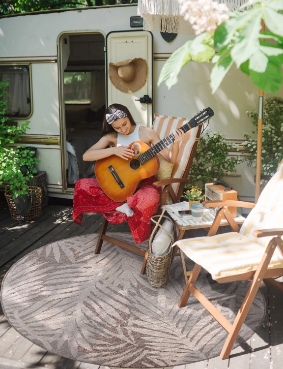 efloor Dywan płasko tkany Zewnętrzny Okrągły Express 160cm Palmy Szary